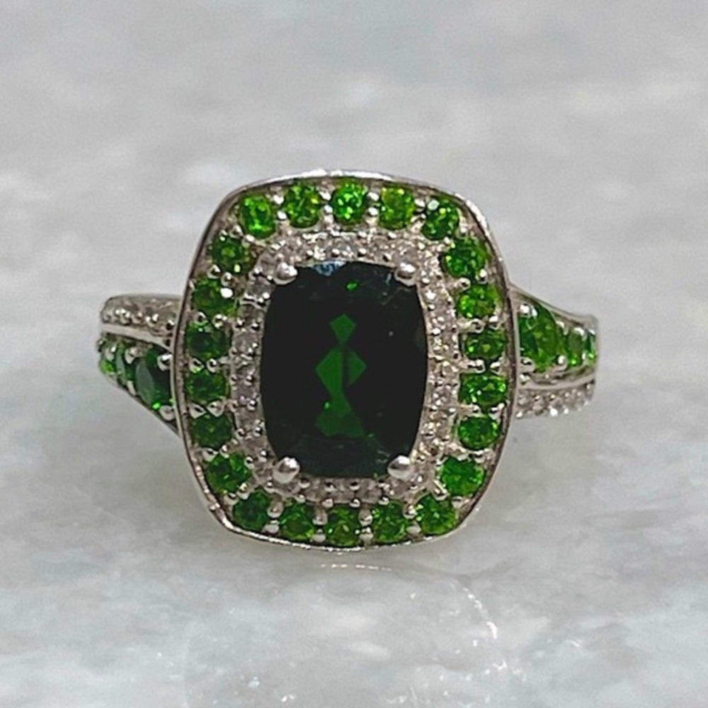 Russian Diopside Cambodian Zircon Sterling Silver Double Halo Ring